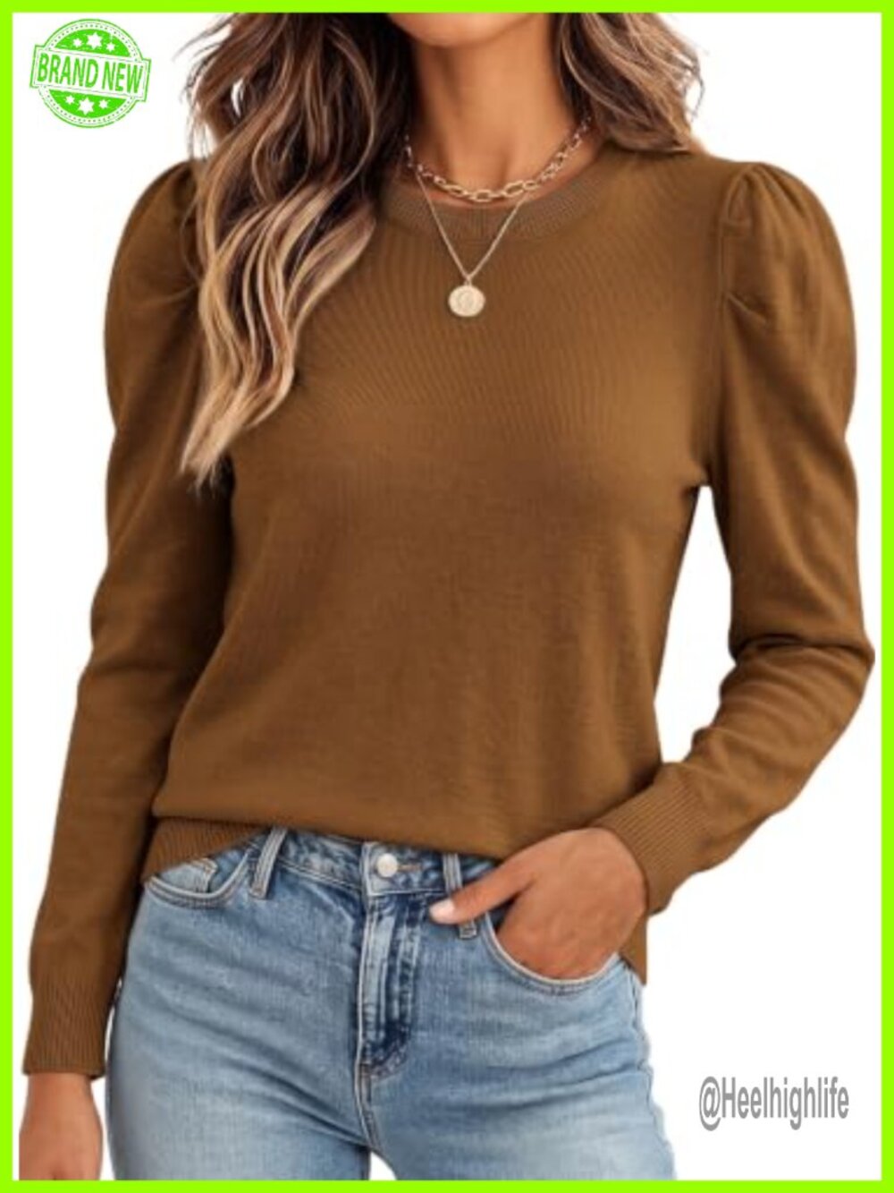 Wool Blend Puff Sleeve Crewneck Lightweight Knit Sweater Pullover
